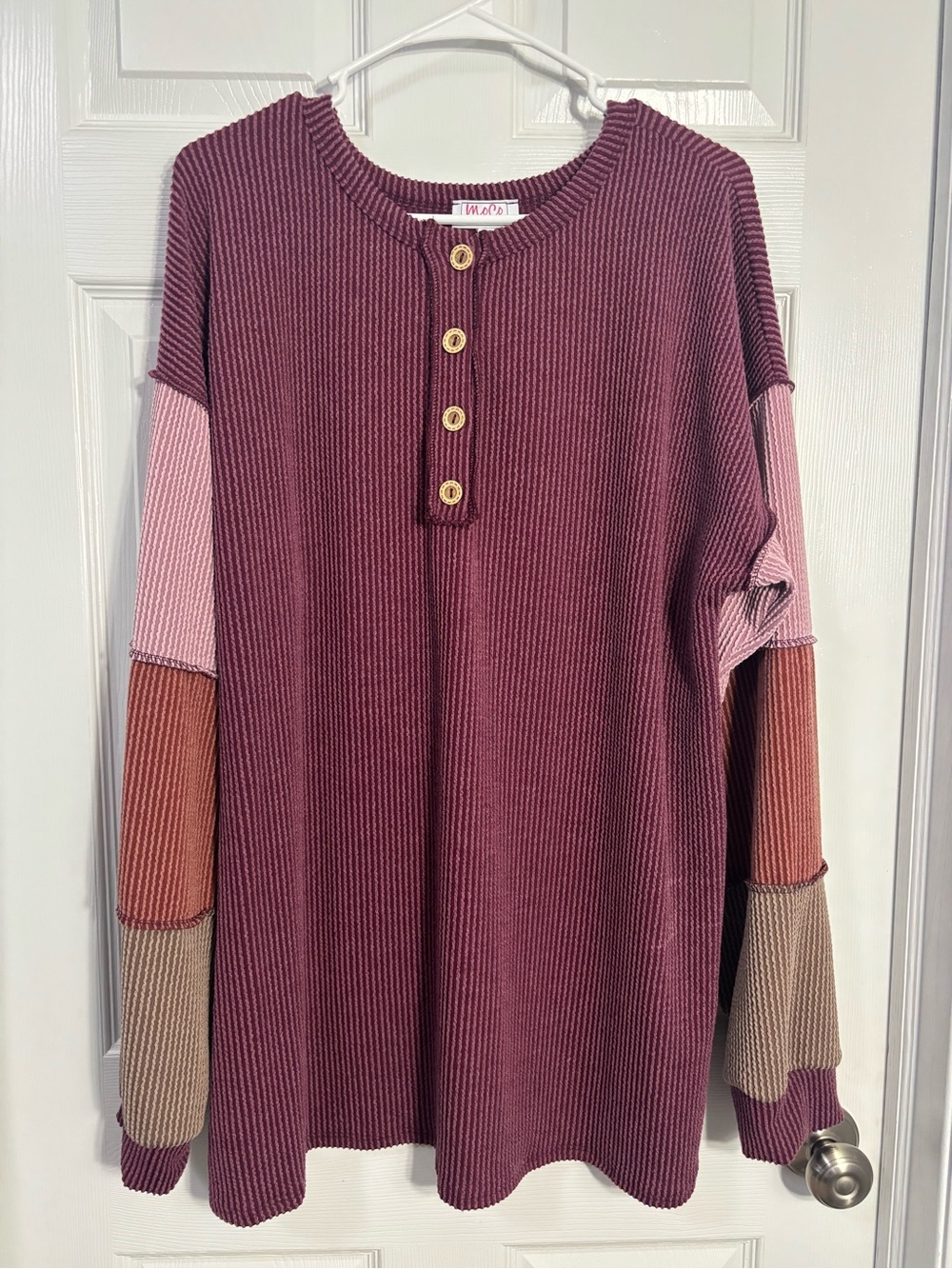 Waffle Knit Plum Button-Front Colorblock Henley Top